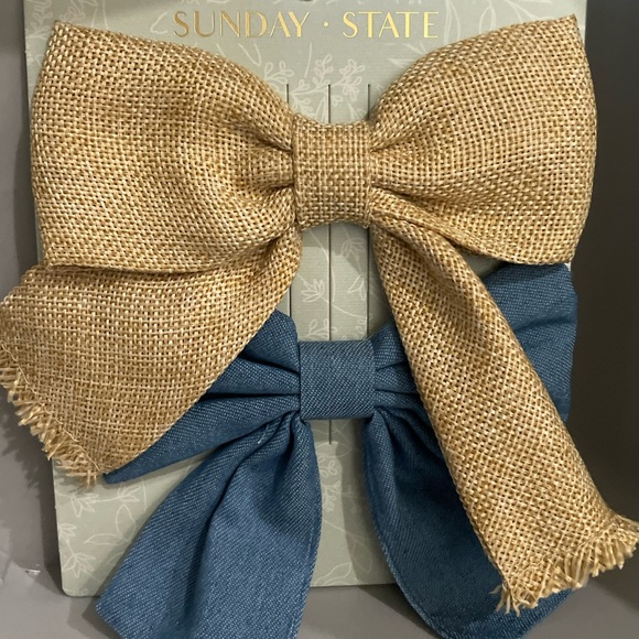 Sunday state denim & faux straw set of 2 hair bows, New w/ tags, Great for Fall - Picture 5 of 6